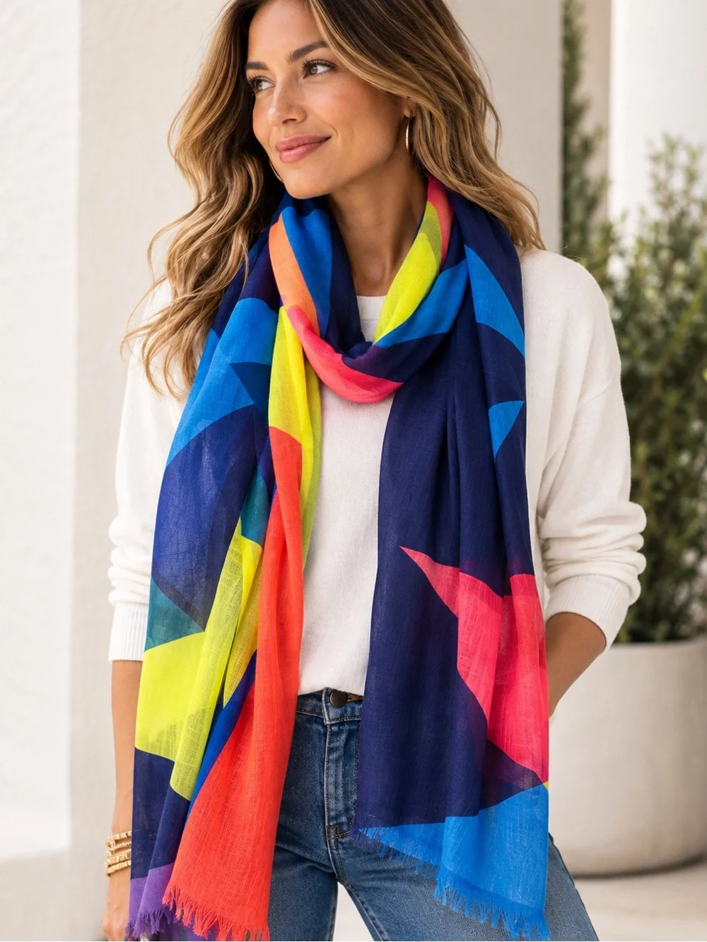 Oversized Geometric Lightweight Scarf 69x28 Multicolor Abstract Fringe Wrap